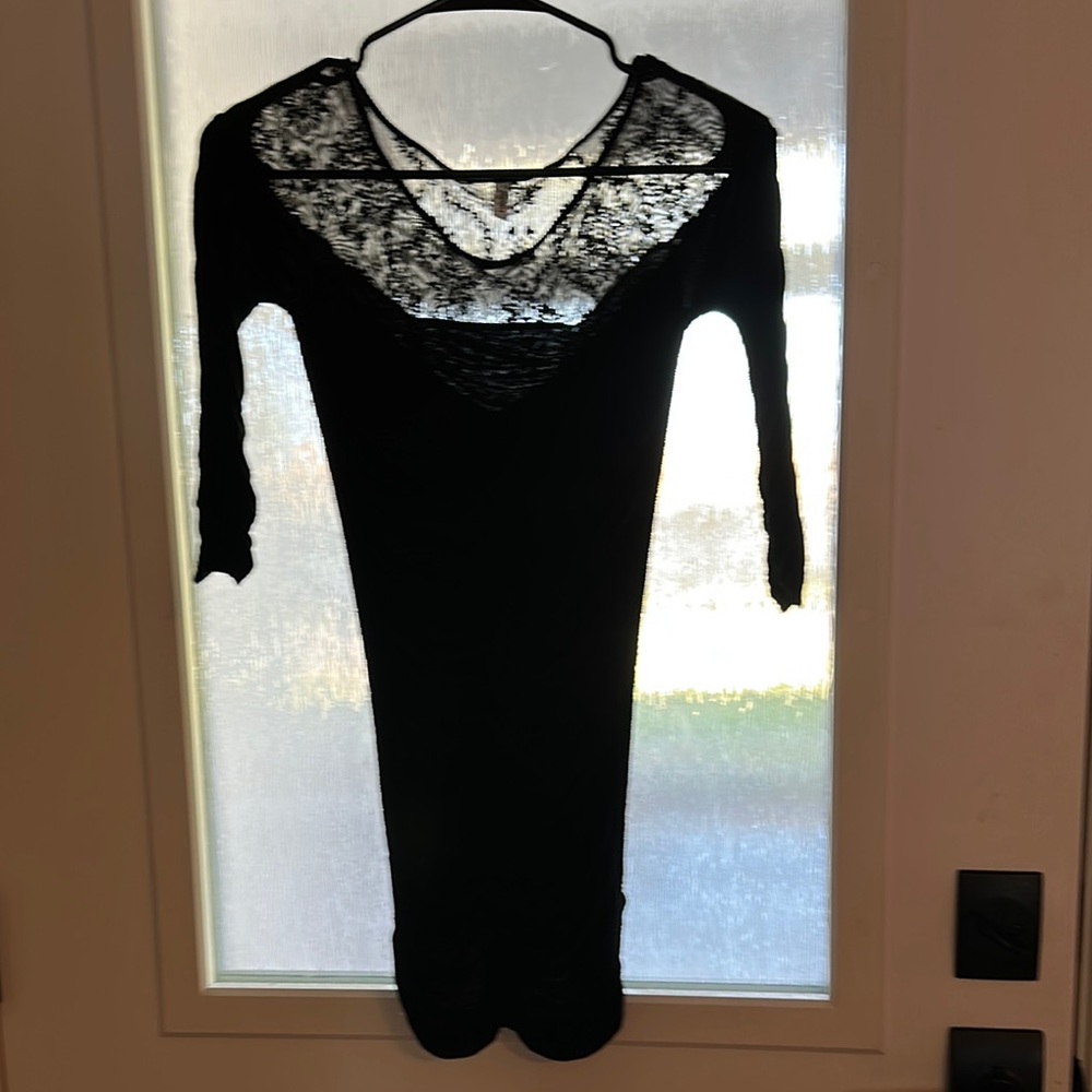 Free People Black Sheath Mini Dress V-Neck 3/4 Sleeve